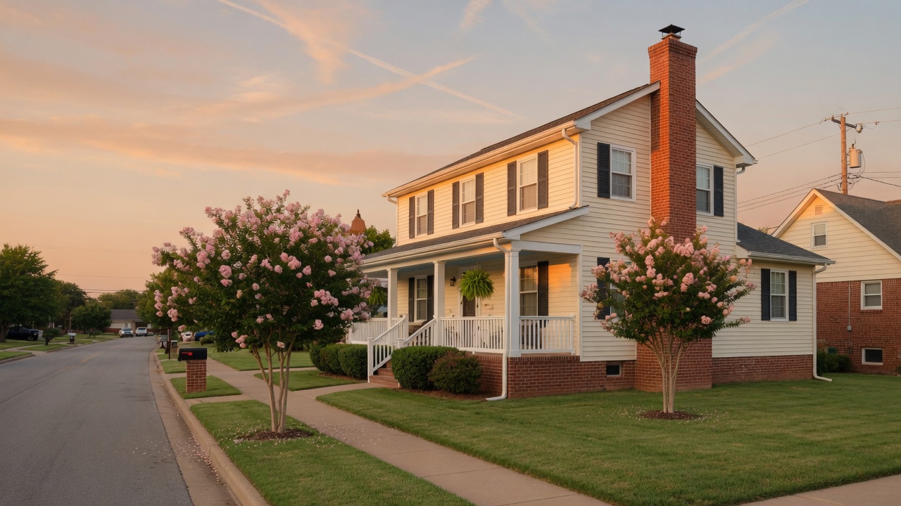 A two-story house with vinyl siding and a brick skirt